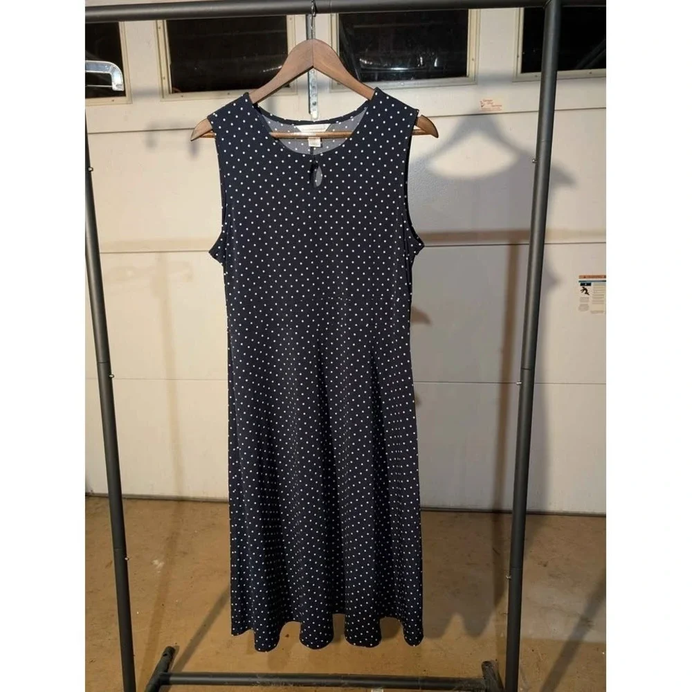 Not Available Christopher & Banks Navy Blue Polka Dot Sleeveless A-Line‎ Midi